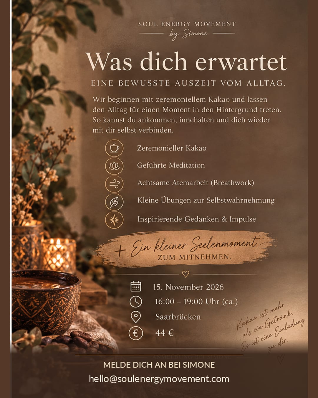 Was dich erwartet: zeremonieller Kakao, Meditation, Atemarbeit, Selbstwahrnehmung und Impulse. Ende gegen 19 Uhr.
