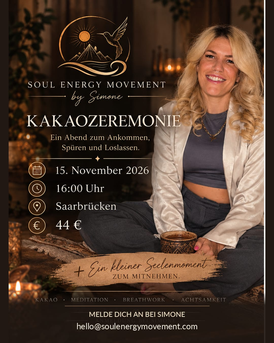 Flyer: Kakaozeremonie mit Simone am 15. November 2026, ab 16 Uhr in Saarbrücken, 44 Euro.